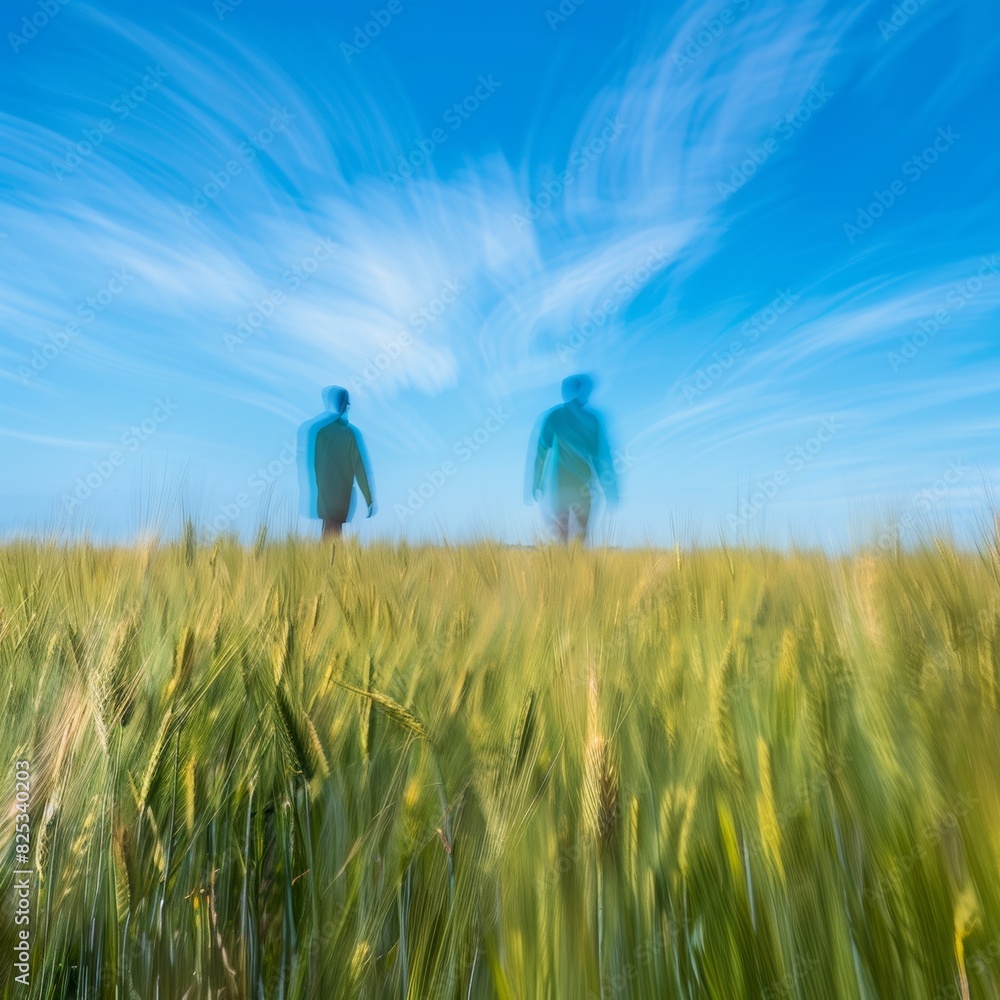 Poster Abstract Symmetry: Two Blurred Figures in a Verdant Wheat Field Under Blue Sky, Captured with Long Exposure and Wide-Angle Lens