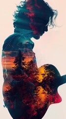 Double exposure image of a musician playing guitar with a forest and sunset blend effect, showcasing creativity and nature.