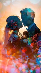 Romantic silhouette of bride and groom sharing a kiss at sunset, surrounded by colorful bokeh lights, creating a magical wedding atmosphere.