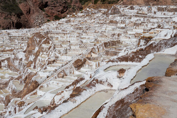 Sequence of pools in a terrace system for salt extraction in Maras, Peru