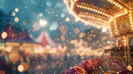 A lively scene of a carnival, with a defocused backdrop of twinkling particles