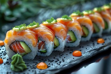 A sushi roll with avocado and cucumber on a black plate