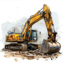 A powerful excavator is digging a trench. The dirt is flying and the machine is working hard. The excavator is a symbol of strength and power.