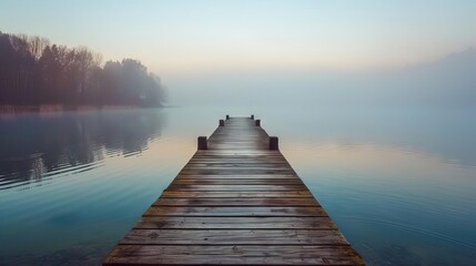 serene wooden pier extending into misty lake at dawn tranquil landscape photography