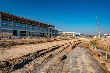 Fototapeta premium A large construction site with a blue sky in the background