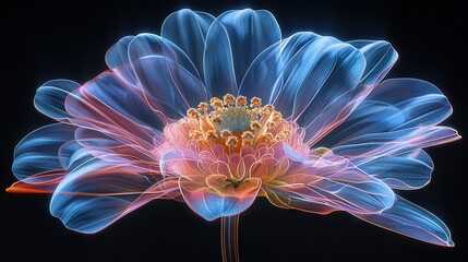   A close-up of a blue-pink flower against a dark background with a blurred center image