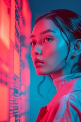 Young East Asian Female Programmer Engaged in AI Technology Development in a Neon-Lit Workspace