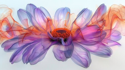   A zoom-in of a purple and orange blossom with water glistening on its petals against a white canvas