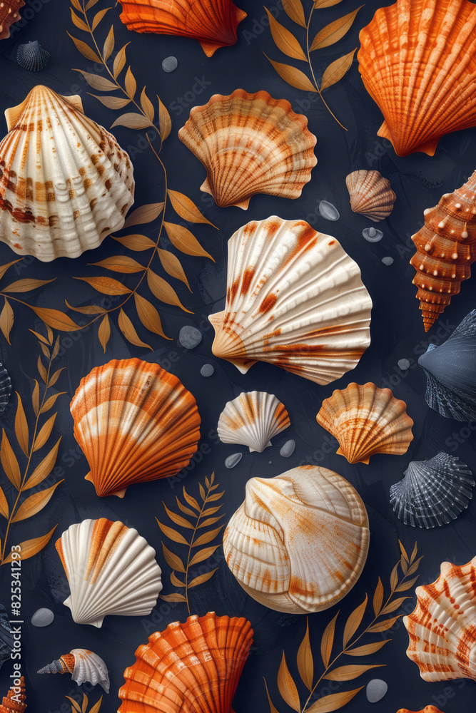 Poster seamless pattern of isometric shells, forming a coastal-inspired design,