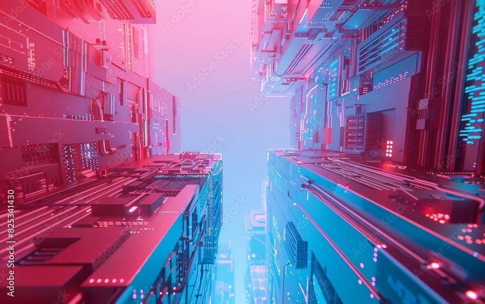 Poster illuminated futuristic cityscape with holographic tech elements at dusk - concept of advanced urban 