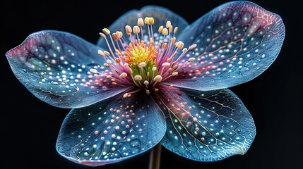   A blue flower with white and pink stamens on its petals