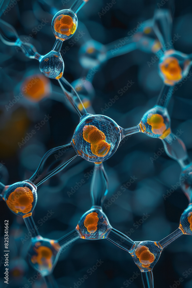 Poster abstract isometric molecular chains, creating a seamless lattice pattern,