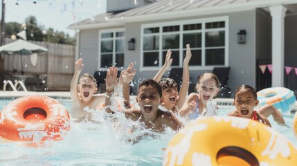 Joyful Multiethnic Children Celebrating a Birthday Pool Party with Sunshine and Splashes - Powered by Adobe