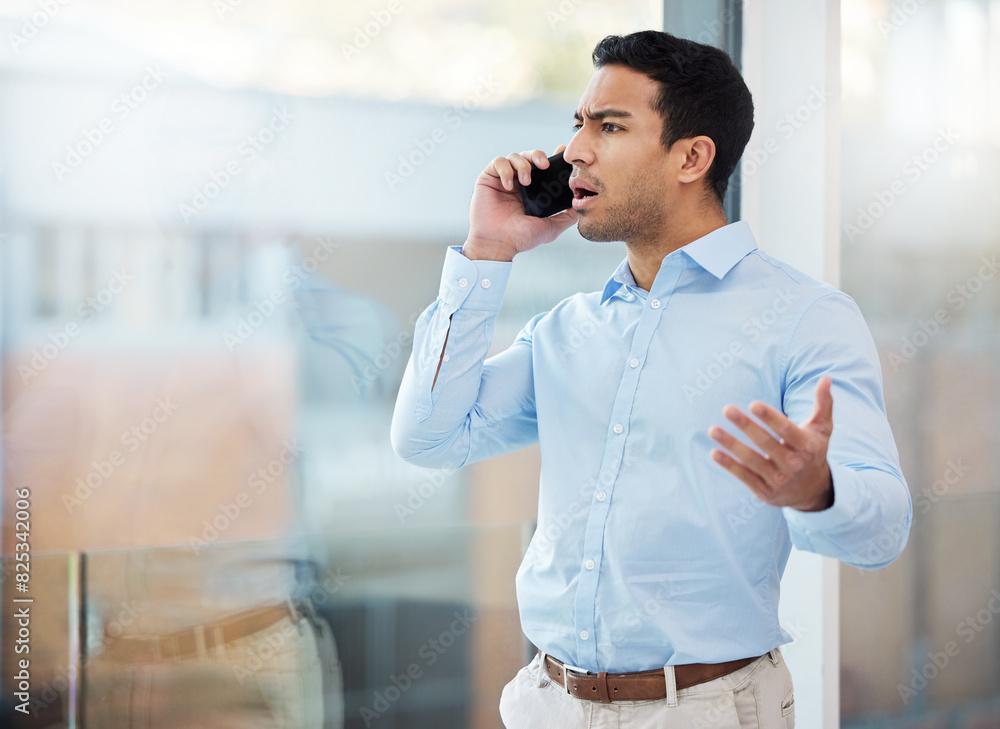 Poster phone call, stress and business man in office with problem, error and mistake for online discussion.