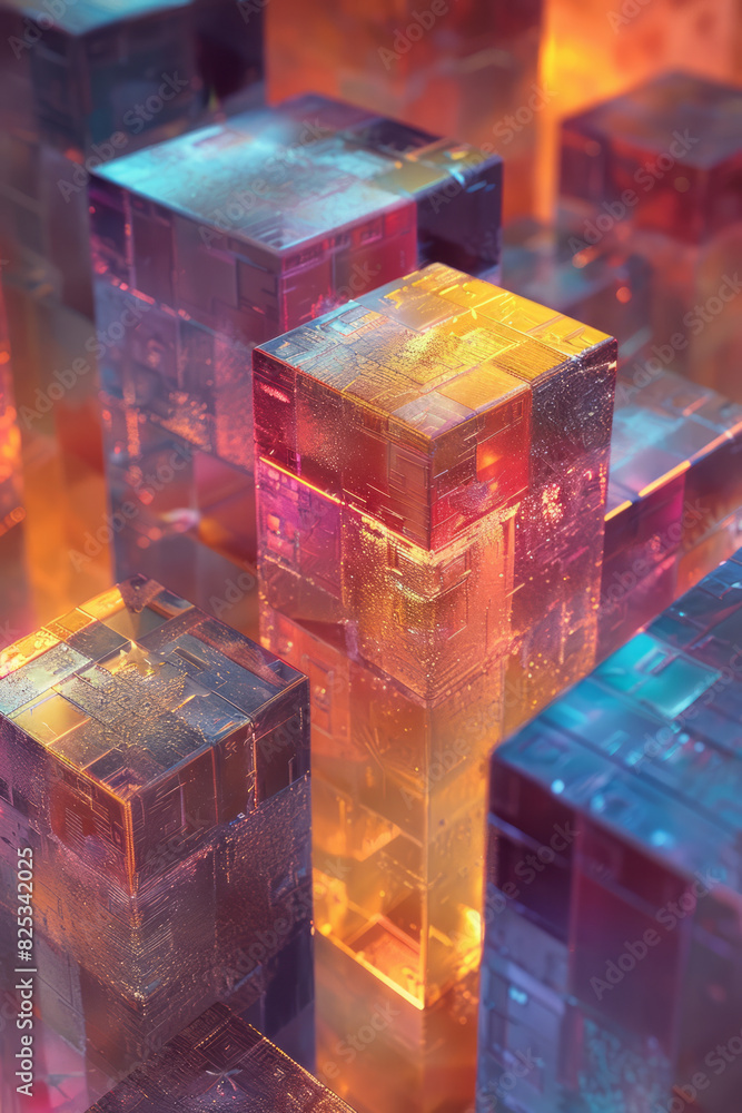 Aufkleber Isometric pattern of geometric prisms with embedded molecular structures,