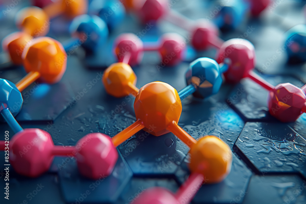 Aufkleber minimalist isometric triangles and hexagons, interspersed with simple molecule icons,