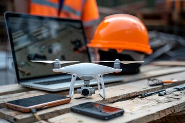Fototapeta premium A white drone is sitting on a wooden table next to an orange hard hat, a laptop, and two smartphones. In the background, a construction worker is using a laptop.