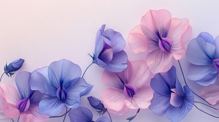   A collage of lavender and magenta blossoms against a crisp white backdrop featuring a central rose in shades of pink and blue