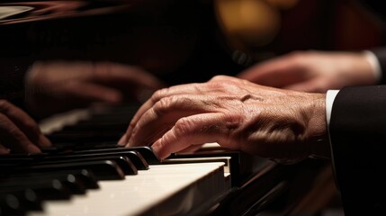Fototapeta premium Close-up of the male hands of a man playing the piano and pressing the keys. Musical instrument.