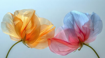   A close-up of three differently colored flowers on a white background with a blue sky in the background and a red, yellow, and blue flower in the foreground