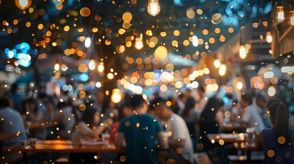 A lively scene of a food festival, with a defocused backdrop of twinkling particles