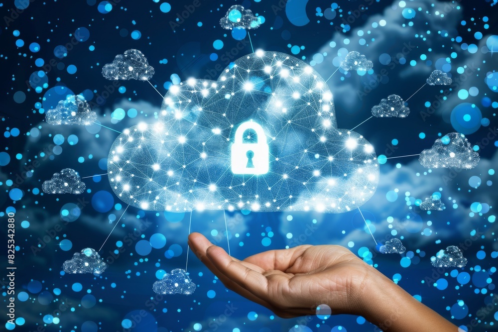 Poster modern cloud security with comprehensive data protection and device synchronization, illustrated wit