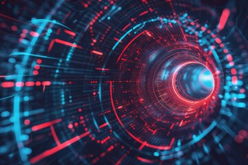 Obraz premium Vibrant quantum computing core pulsating with energy, emitting intricate data streams in abstract algorithmic patterns, in Dark Blue and Red theme.