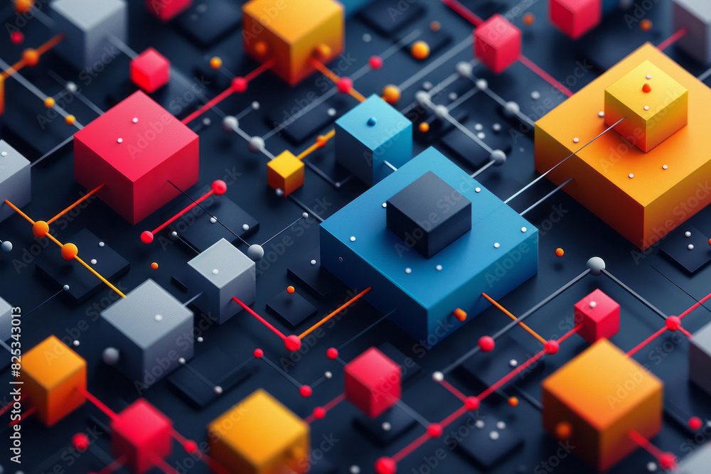 Aufkleber Seamless pattern of isometric squares and simple molecular icons, creating a grid,