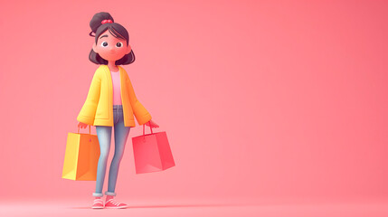 Imagen 3D de una chica joven con bolsas de la compra