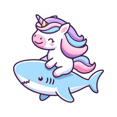 Fototapeta premium cute unicorn riding a shark icon character cartoon