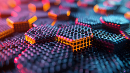Fototapeta premium Isometric background featuring repeating hexagons and embedded molecular structures,