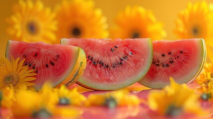   A collection of watermelon slices arranged on a table alongside sunflowers