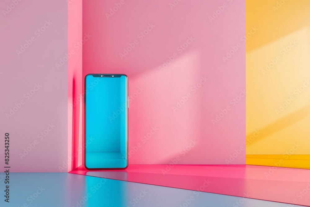 Poster futuristic smartphone with holographic interface in modern colorful apartment setting