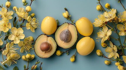   A cluster of sunflowers adjacent to an avocado sliced in two and positioned atop one another