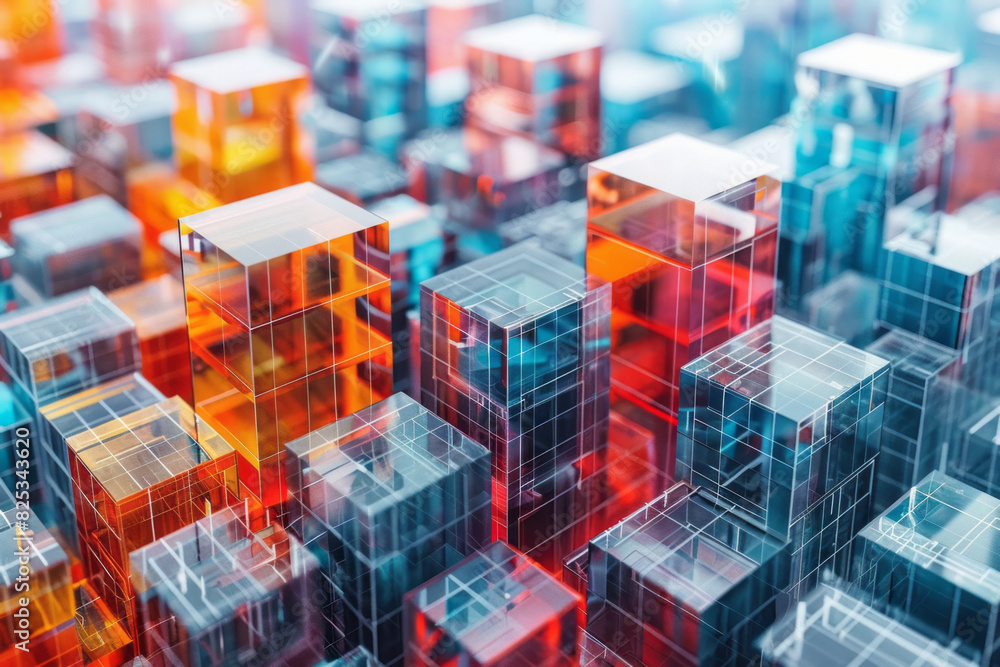 Poster Abstract isometric pattern of cubes and molecular diagrams, creating a seamless background,