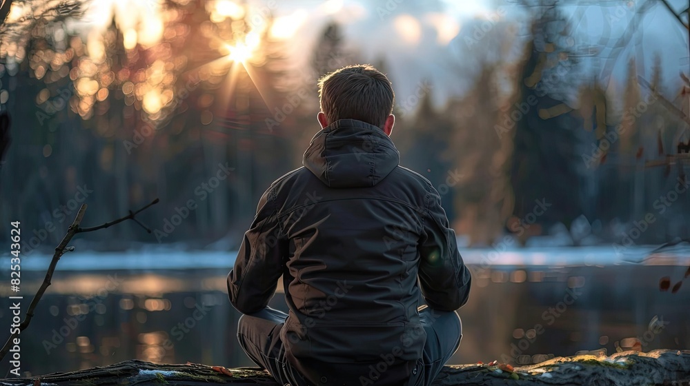 Poster Serene Sunset Scene with Contemplative Individual