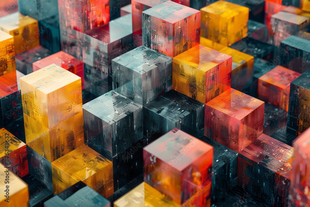 Leinwandbilder Abstract isometric pattern of cubes and molecular diagrams, creating a seamless background,