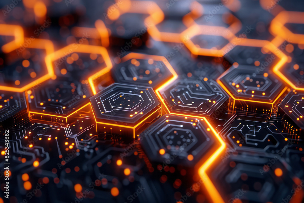 Aufkleber Isometric pattern of interconnected hexagons with embedded minimalist circuit board icons,