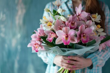 A woman poised hands present a stunning bouquet of orchids