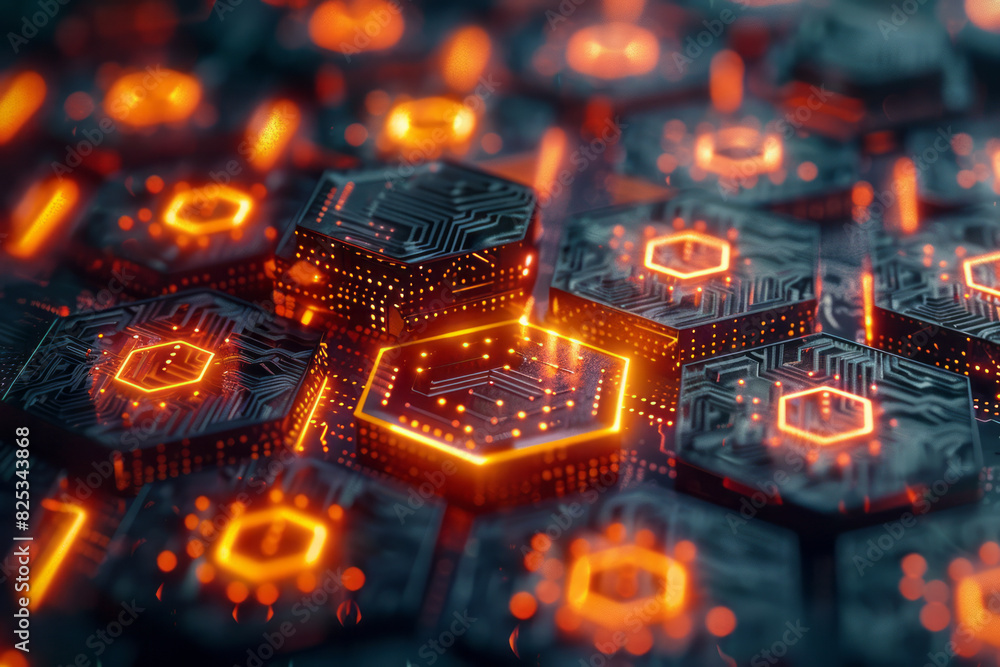 Aufkleber Isometric pattern of interconnected hexagons with embedded minimalist circuit board icons,