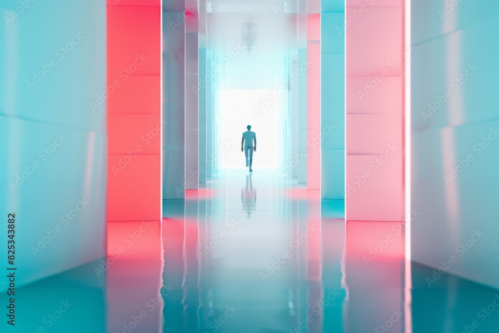 Aufkleber Abstract Blur of Robotic Figure in Symmetrical White Data Center: A Study in Long Exposure and High Definition Techniques
