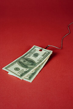 fake dollar bills pierced by a fishhook