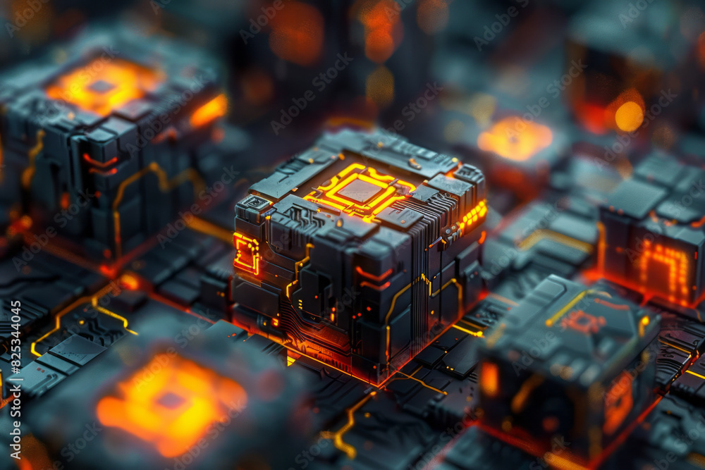 Poster Abstract isometric cubes with integrated microchip symbols, creating a seamless tech-inspired pattern,
