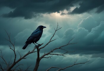 Naklejka premium Fantasy a crow perched on a bare tree branch silho