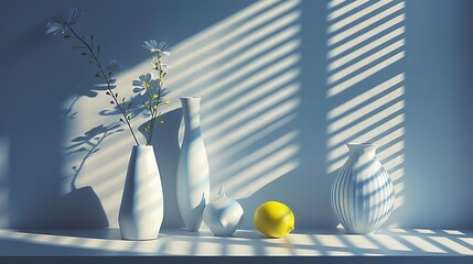   A collection of vases sits atop a table alongside a yellow orb and a vase brimming with blooms