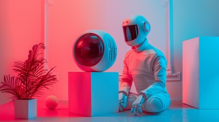 Futuristic Interaction: Young Adult Man and Advanced Robot in a Modern Smart Home, Bright Daylight Illuminates Their Friendly Collaboration