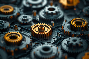 Minimalist isometric gears and cogwheels, arranged in a repeating grid with geometric shapes,