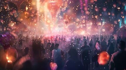 A lively scene of a lively alien festival, with a defocused backdrop of twinkling particles