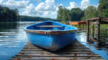Obraz premium Serene Scene at a Wooden Dock with Blue Boat