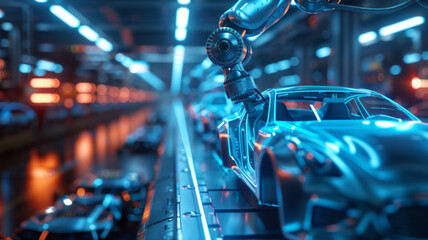 Creative Background, Automated Car Factory Concept, Robotic Arm Building Cars, Blue Glowing Bright Line,generative ai